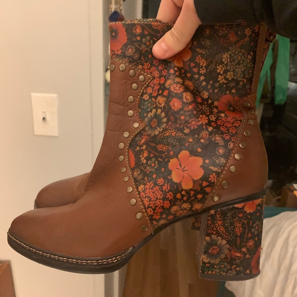Spring Step Brown Floral Leather Heeled Boots